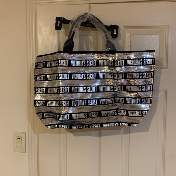 NWOT Victoria’s Secret Black/Silver Canvas/Sequin Tote Bag - Picture 1 of 9